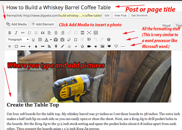 Creating a post or page is simple. The interface looks very similar to Microsoft Word and other word processing programs.