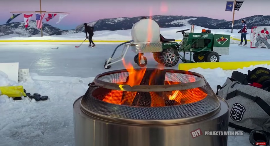 Rinkside fireplace for our outdoor hockey rink